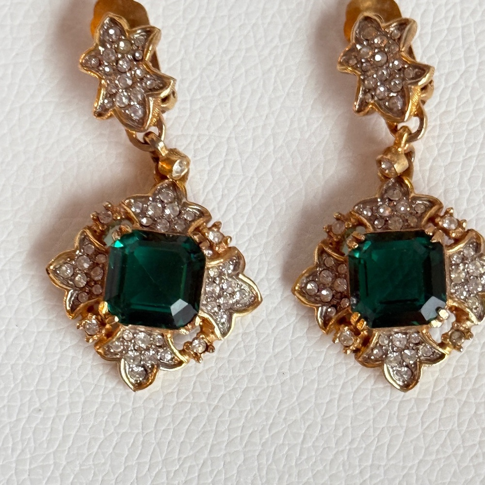 Kenneth Jay Lane Gold and Emerald Green Drop Earrings St Patrick's Day Bling